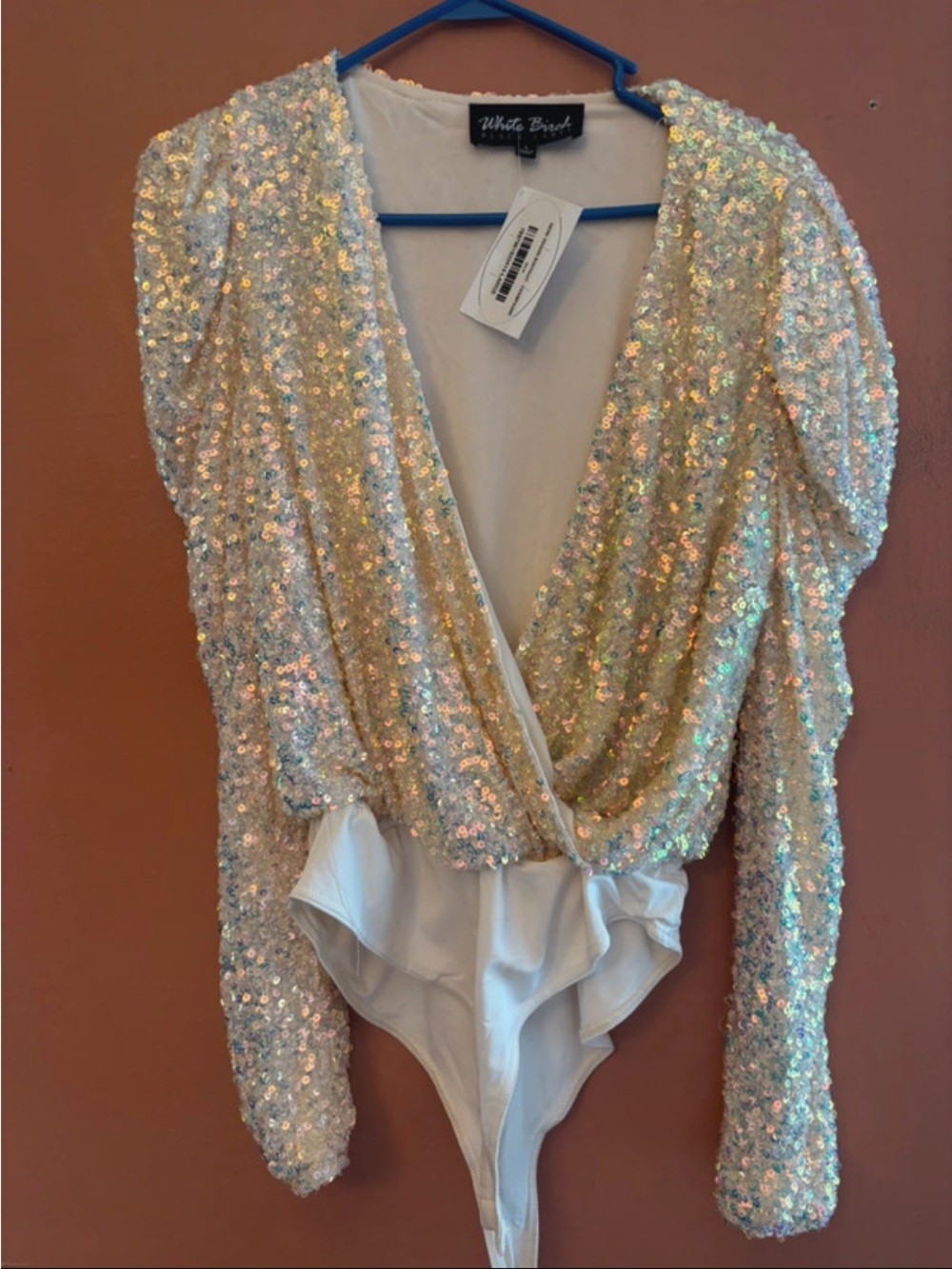 white birch Iridescent Sequin Wrap Bodysuit